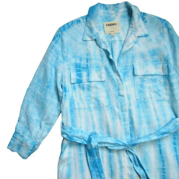 L'Agence Cameron in Aqua Bamboo Tie Dye Linen Belted Maxi Shirt Dress M